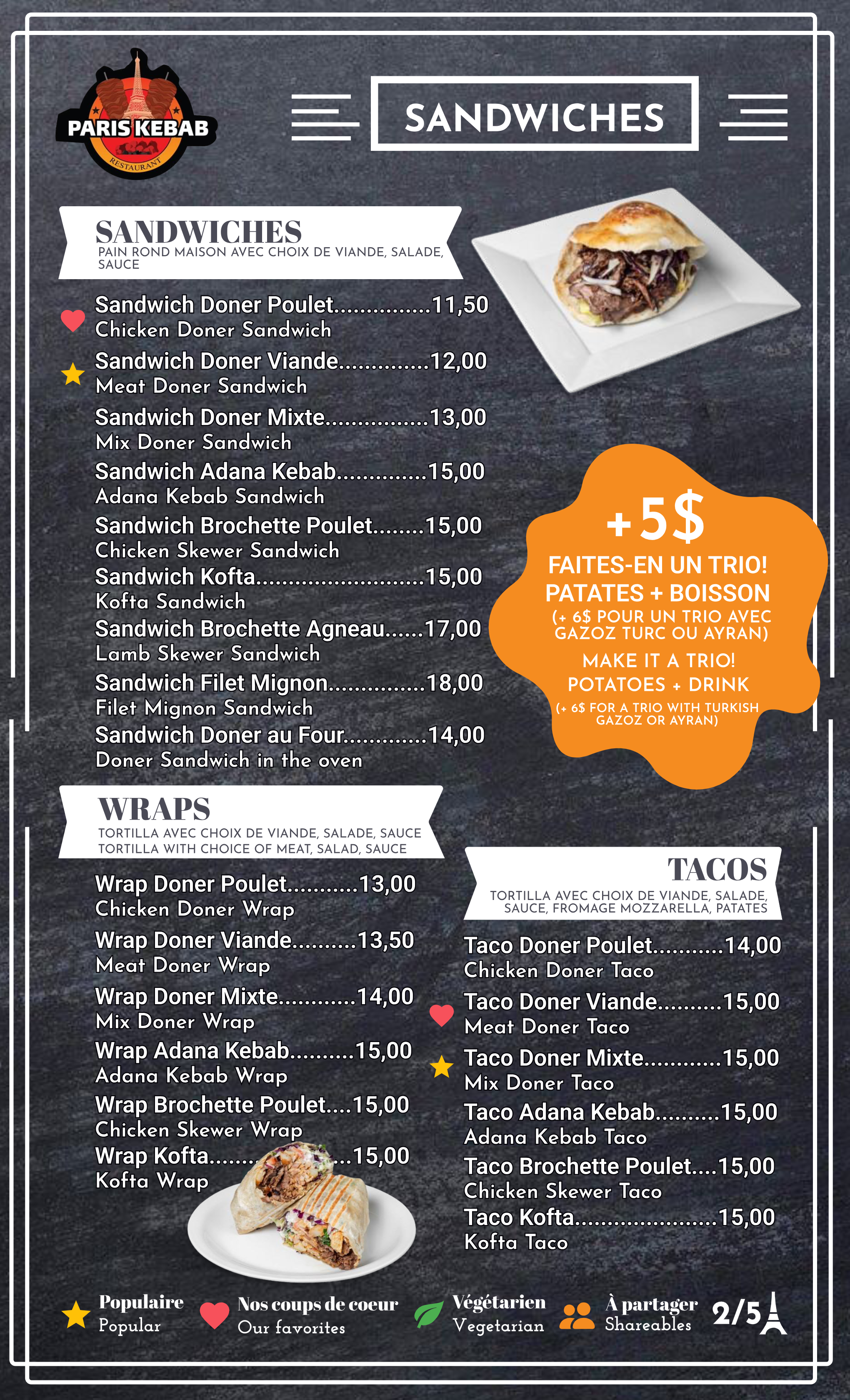 Restaurant menu Paris Kebab
